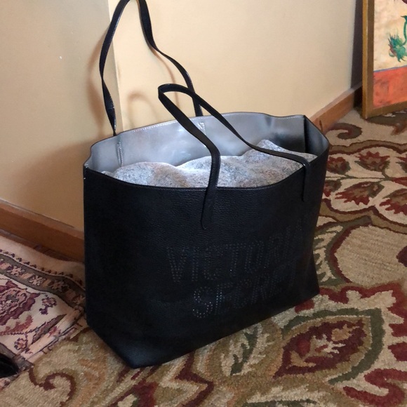 VICTORIA SECRET ToteBag Dual Handle Perforated Spell-Out Black + Silver $59 NEW - Picture 7 of 15